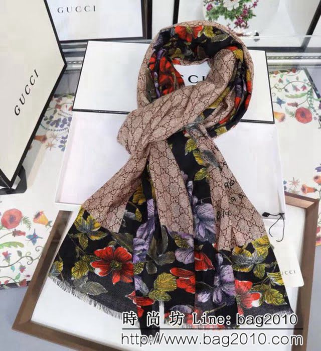 GUCCI古馳海外原版 logo花紋圖案羊絨長圍巾 LLWJ6937